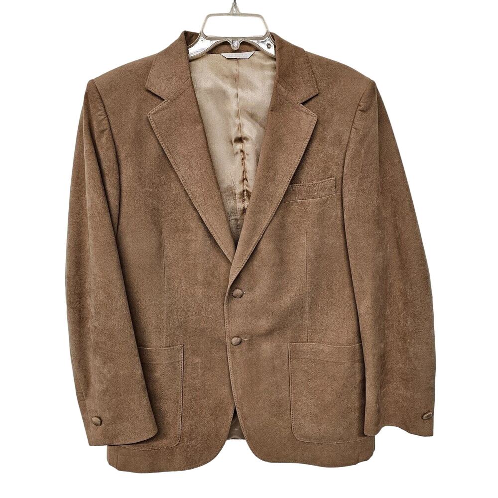 Vintage Vincent Kari Blazer L/XL Tan Suede Pockets Notch Lapel Single-Breasted